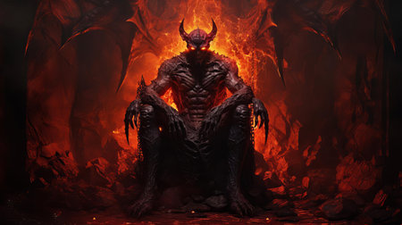 the demon, engulfed in flames, stands tall in the depths of hell, its full body a testament to its malevolent power, with razor-sharp horns, glowing red eyes, and massive wings spread wide, exuding an aura of darkness and evil in this hauntingly vivid depiction of the underworld. ai generatedの素材
