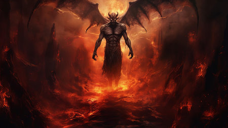 the demon, engulfed in flames, stands tall in the depths of hell, its muscular full body radiating an aura of malevolence, with razor-sharp horns and piercing eyes that seem to burn with an inner fire, amidst a backdrop of burning brimstone and eternal darkness. ai generatedの素材