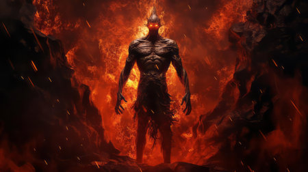 the demon, engulfed in flames, stands tall in the depths of hell, its full body a testament to the horrors of the underworld, with razor-sharp horns, glowing red eyes, and massive wings spread wide, exuding an aura of malevolence and terror in this hauntingly vivid depiction of eternal damnation. ai generatedの素材