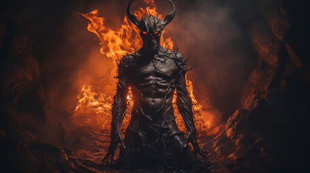 the demon, engulfed in flames, stands tall in the depths of hell, its full body a terrifying spectacle of horns, scales, and razor-sharp claws, exuding an aura of malevolence and darkness, as it surveys its domain of eternal torment and suffering. ai generatedの素材