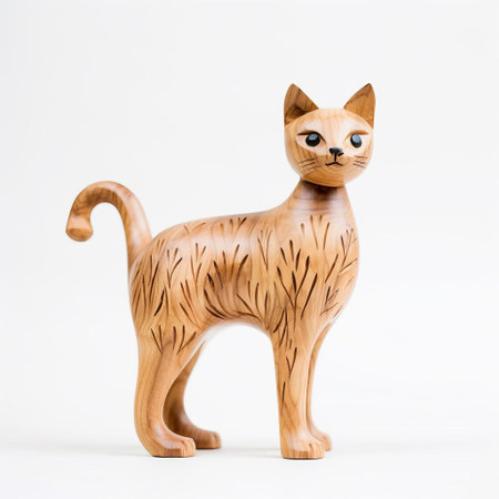 the manx cat, a breed known for its taillessness, is beautifully showcased in this stunning handmade wooden figurine, carefully crafted to capture its unique features, posed in a natural full-body position on a crisp white background, highlighting its sleek physique and adorable facial expression. ai generatedの素材