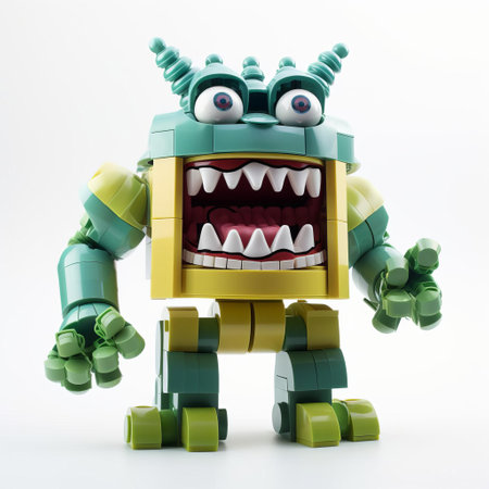 the lego monster, with its vibrant colors and menacing features, stands proudly on a pristine white background, showcasing its full body in all its glory, perfect for fans of toy photography, lego enthusiasts, and those who love quirky creatures and playful characters. ai generatedの素材