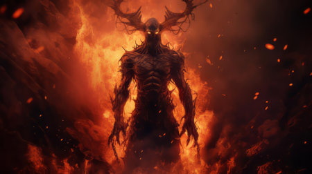 the demon, engulfed in flames, stands tall in the depths of hell, its full body a testament to the horrors of the underworld, with razor-sharp horns, glowing red eyes, and scales as black as coal, exuding an aura of malevolence and terror in this hauntingly vivid depiction of eternal damnation. ai generatedの素材