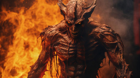 the demon, engulfed in flames, stands tall in the depths of hell, its full body a testament to the horrors of the underworld, with razor-sharp horns, glowing red eyes, and scales as black as coal, exuding an aura of malevolence and terror in this hauntingly vivid depiction of eternal damnation. ai generatedの素材