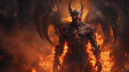 the demon, engulfed in flames, stands tall in the depths of hell, its full body a testament to the horrors of the underworld, with razor-sharp horns, glowing red eyes, and scales as black as coal, exuding an aura of malevolence and terror in this hauntingly vivid depiction of eternal damnation. ai generatedの素材