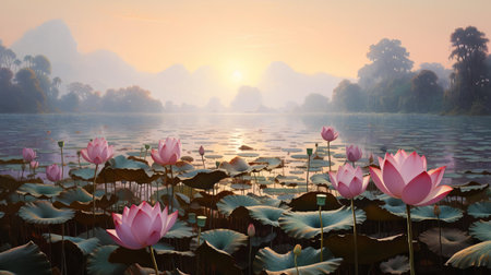 the lotus field, bathed in soft morning light, stretches towards the horizon in the picturesque provence landscape, its delicate pink flowers swaying gently in the breeze, surrounded by lush greenery and serene water reflections, evoking a sense of peacefulness and tranquility. ai generatedの素材