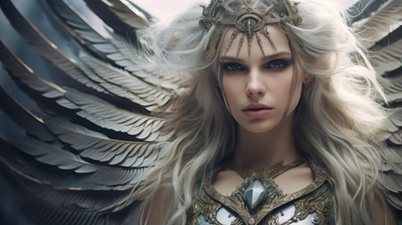 the valkyrie hybrid, a majestic creature with wings spread wide, gazes intensely into the distance, its mythical beauty captured in stunning detail in this dramatic portrait photograph, showcasing the fusion of norse mythology and modern fantasy art, evoking a sense of power and mystique. ai generatedの素材