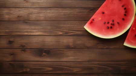 fresh watermelon sits atop a rustic wood table, its vibrant green rind and juicy red flesh enticingly displayed in a stunning top view, perfect for summer gatherings, outdoor picnics, and refreshing healthy snacks, evoking feelings of warmth and serenity. ai generatedの素材