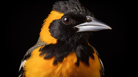 the oriole, a vibrant bird species, is beautifully captured in this stunning passport-sized photo, showcasing its striking plumage and bright orange hues, taken with a 50mm lens, highlighting the intricate details of its feathers and expressive facial features. ai generatedの素材