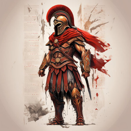 the spartan warrior-inspired t-shirt design features a bold, graphic frock pattern with a striking combination of earthy tones and metallic accents, evoking the ancient greek city-state's legendary bravery and strength, perfect for history buffs and fans of ancient civilizations. ai generatedの素材