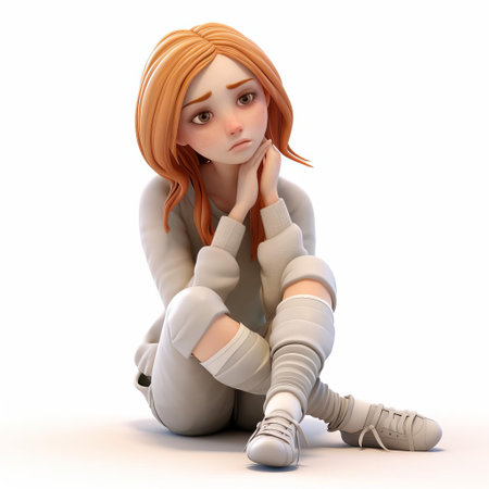 emma, a 3d digital illustration, stands alone on a pure white background, conveying a sense of melancholy and sorrow, her full body pose exuding a feeling of despair, capturing the essence of sadness and loneliness in a stunning visual representation. ai generatedの素材