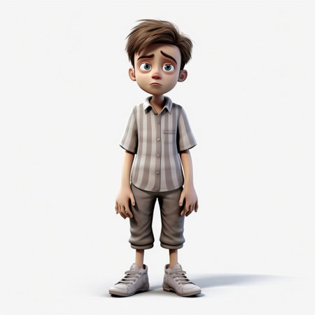 avery, a fearful 3d character, stands alone on a pristine white background, showcasing a full-body pose that exudes anxiety and apprehension, perfect for illustrations, animations, and digital art projects requiring emotional expressions and human-like gestures. ai generatedの素材