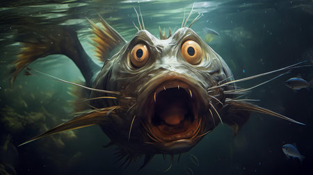 this startled catfish, with its vibrant orange and white stripes, appears utterly bewildered, its large eyes wide with surprise, as if it's just encountered an unexpected obstacle in the murky waters of its aquatic habitat, showcasing its unique characteristics in this fascinating underwater scene. ai generatedの素材