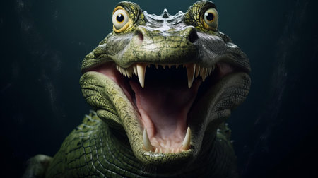 a surprised crocodile, its scaly skin glistening in the sunlight, showcases a rare emotional expression, its wide eyes and open jaws conveying a sense of astonishment, as if caught off guard in its natural habitat, highlighting the fascinating and often misunderstood nature of these ancient creatures in the wild. ai generatedの素材