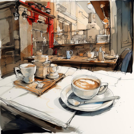 coffee cup sits elegantly on a rustic wooden bar, surrounded by subtle coffee beans and a few crumbs, evoking a cozy morning atmosphere, perfect for a casual breakfast or a relaxing afternoon pick-me-up in a trendy cafe or coffee shop setting. ai generatedの素材