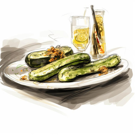 a refreshing plate of cucumber slices sits elegantly on a modern bar, surrounded by subtle lighting, evoking feelings of serenity and tranquility, perfect for a relaxing evening or a healthy snack, highlighting the simplicity and beauty of natural ingredients in modern dining settings. ai generatedの素材