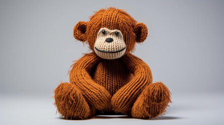 the adorable knitted orangutan toy sits proudly against a crisp white background, showcasing its intricate stitching and vibrant orange hue, making it a perfect handmade gift for baby showers or a delightful addition to any nursery's toy collection, evoking feelings of warmth and coziness. ai generatedの素材