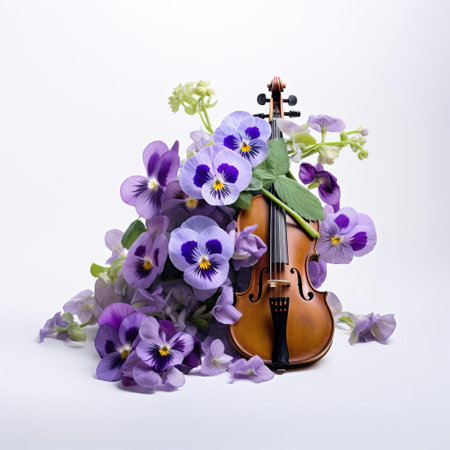 the delicate viola flower blooms beautifully against a crisp white background, showcasing its intricate purple petals and yellow center, creating a stunning contrast that highlights its elegant simplicity and natural beauty in botanical photography. ai generatedの素材