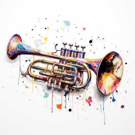 the cornet, a brass musical instrument, sits elegantly against a pristine white background, showcasing its intricate valves and tubing, perfect for musicians and music enthusiasts, highlighting the beauty of classical instruments in a minimalist setting. ai generatedの素材