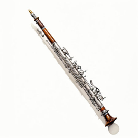 the bassoon, a large woodwind instrument, stands out against a pristine white background, its intricate keys and curved body showcasing its unique design, perfect for orchestral performances, chamber music, and classical music enthusiasts. ai generatedの素材