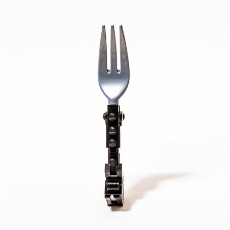 the fork, crafted from colorful lego bricks, stands upright on a pristine white background, showcasing its intricate details and playful design, perfect for a still-life photography project or a fun kitchen decor inspiration, highlighting creativity and imagination in everyday objects. ai generatedの素材