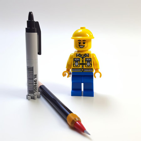 the lego pen, standing upright on a pristine white background, showcases its vibrant colors and intricate design, perfect for stationery enthusiasts and fans of the iconic toy brick, adding a pop of fun to any desk or office space with its unique blend of creativity and functionality. ai generatedの素材