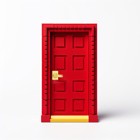the lego door, standing upright on a pristine white background, showcases its vibrant colors and intricate design, capturing the imagination of kids and adults alike, perfect for creative projects, diy crafts, and nostalgic decorations, evoking feelings of playfulness and childhood wonder. ai generatedの素材