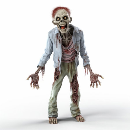 a 3d smiling zombie stands proudly against a crisp white background, showcasing its full body in a humorous and eerie pose, blending horror and humor elements, perfect for halloween or spooky-themed designs and illustrations, evoking a sense of playful terror and macabre whimsy. ai generatedの素材
