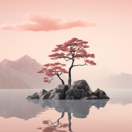 mountain peaks rise majestically in the distance, surrounded by a serene landscape with a minimalist approach, featuring rolling hills, sparse trees, and a meandering stream, evoking a sense of calmness and tranquility, perfect for relaxation and meditation, amidst the beauty of nature's simplicity. ai generatedの素材