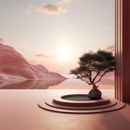 mountain peaks rise majestically in the background of this serene landscape, where a minimalist wooden cabin blends seamlessly into the surrounding forest, surrounded by lush greenery and a tranquil lake reflecting the majestic scenery, evoking a sense of peacefulness and connection with nature. ai generatedの素材