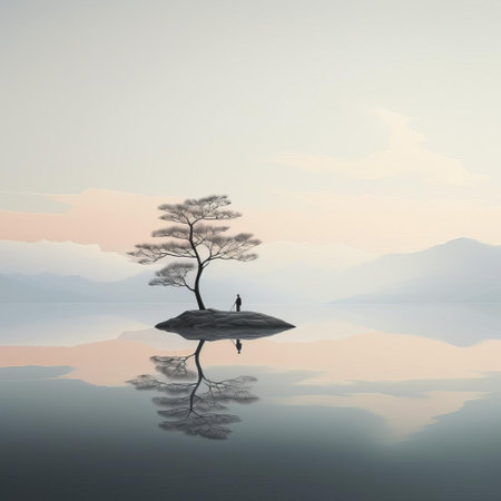 mountain peaks rise majestically in the distance, surrounded by a serene landscape with a minimalist approach, featuring a tranquil lake reflecting the sky's soft hues, amidst lush greenery and rustic trees, evoking a sense of peacefulness and simplicity in nature. ai generatedの素材