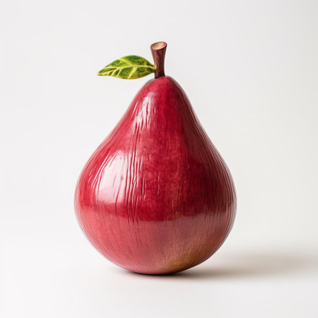 the guava, a vibrant tropical fruit, is beautifully showcased on a crisp white background, its entire body visible, highlighting the intricate details of its handmade wooden replica, perfect for fruit enthusiasts, wooden art collectors, and those who appreciate unique decorative pieces. ai generatedの素材