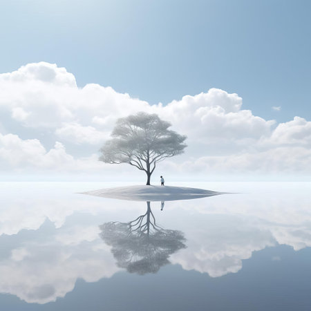 mountain peaks rise majestically in the distance, surrounded by a serene landscape with a minimalist approach, featuring a tranquil lake reflecting the sky's soft hues, lush green forests, and a meandering river that adds to the peaceful ambiance, perfect for relaxation and meditation. ai generatedの素材