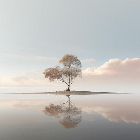 mountain peaks rise majestically in the distance, surrounded by a serene landscape with a minimalist approach, featuring a tranquil lake reflecting the sky's soft hues, amidst lush green forests and rolling hills, evoking a sense of peacefulness and calmness in nature lovers and photography enthusiasts alike. ai generatedの素材