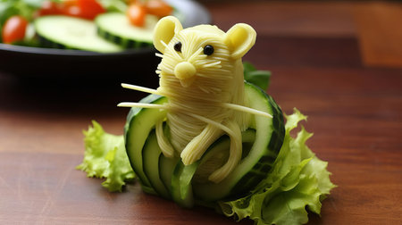 whimsical rat-shaped pastry salad garnish adds a playful touch to any meal, featuring a delicate arrangement of fresh greens, cherry tomatoes, and croutons, perfect for a creative culinary presentation at a dinner party or special occasion. ai generatedの素材