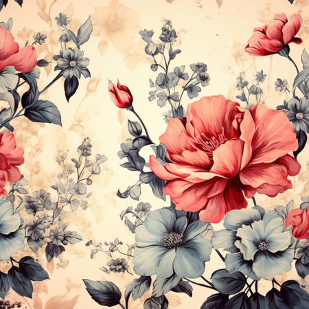 the vintage flower background features a beautiful, distressed floral pattern with soft, muted colors and intricate details, evoking a sense of nostalgia and romance, perfect for adding a touch of elegance and sophistication to any design or project, ideal for scrapbooking, card making, and diy crafts. ai generatedの素材