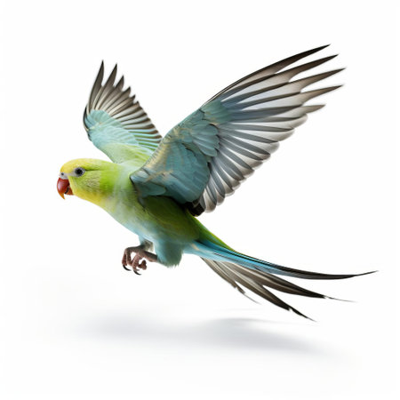 the parakeet, a vibrant and colorful bird species, is showcased in this stunning image, hunting for food in isolation on a pristine white background, highlighting its striking plumage and fascinating behavior, perfect for nature enthusiasts and birdwatchers alike. ai generatedの素材