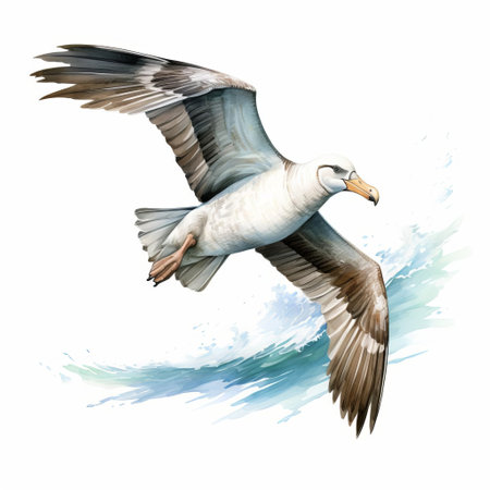 the albatross, a majestic seabird with a wingspan of up to 12 feet, is showcased in a stunning isolated pose on a pristine white background, highlighting its striking plumage and powerful beak, evoking a sense of freedom and wildness, perfect for nature and wildlife enthusiasts. ai generatedの素材