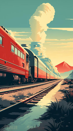 vintage travel poster showcasing a nostalgic illustration of a scenic landscape, evoking a sense of adventure and wanderlust, perfect for decorating a retro-themed room or office, featuring distressed textures and vibrant colors reminiscent of a bygone era of exploration and discovery. ai generatedの素材