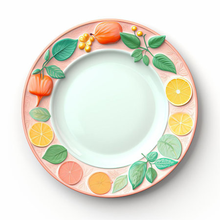 the plate, a staple in every kitchen, sits elegantly isolated on a pristine white background, showcasing its sleek design and curves, perfect for serving a variety of dishes, from savory meals to sweet treats, and ideal for food photography and culinary presentations. ai generatedの素材