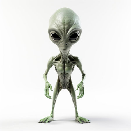 the alien stands out against a pristine white background, its intricate 3d details and vibrant colors captivating the viewer's attention, showcasing its otherworldly features and full-body proportions in stunning isolation, perfect for sci-fi and futuristic designs. ai generatedの素材