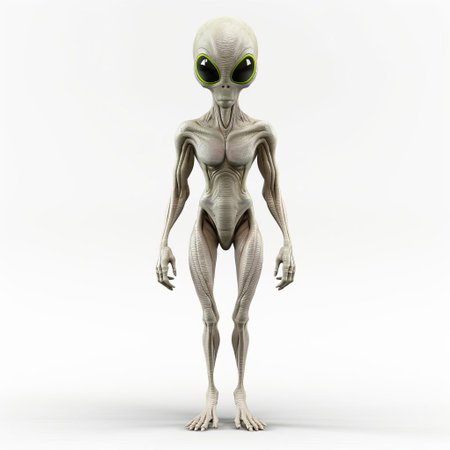 the alien stands alone on a pristine white background, its vibrant green skin and intricate details showcased in stunning 3d clarity, perfect for sci-fi enthusiasts and digital artists seeking high-quality extraterrestrial imagery for their projects and designs. ai generatedの素材