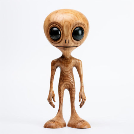 the intricately carved handmade wood alien stands proudly on a crisp white background, showcasing its unique full-body design, highlighting the skilled craftsmanship of the woodworker, perfect for sci-fi fans and wooden decoration enthusiasts seeking a one-of-a-kind art piece. ai generatedの素材