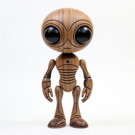 the wooden alien figurine, meticulously handcrafted from natural wood, stands proudly on a pristine white background, showcasing its intricately carved features and vibrant colors, evoking a sense of otherworldly charm and whimsy, perfect for sci-fi fans and wooden art enthusiasts alike. ai generatedの素材