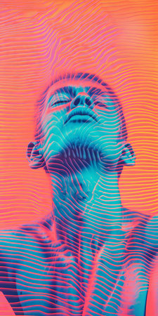 the performance artist stands confidently in front of a vibrant risograph backdrop, surrounded by swirling patterns and distorted shapes reminiscent of glitch art, as a slinky coils around their legs, blending the boundaries between digital and physical art forms in a mesmerizing display of creative experimentation. ai generatedの素材