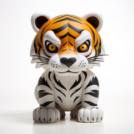 the tiger, a majestic vinyl toy from superplastic, sits proudly against a crisp white background, showcasing its vibrant orange and black stripes, fierce expression, and playful demeanor, making it a must-have collectible for toy enthusiasts and wildlife lovers alike. ai generatedの素材
