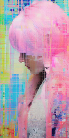 vibrant barbie, a cultural icon, is reimagined in this stunning textile art piece, infused with a mesmerizing risograph print effect and distorted with a touch of glitch art, creating a surreal and thought-provoking visual experience that challenges traditional notions of beauty and femininity. ai generatedの素材