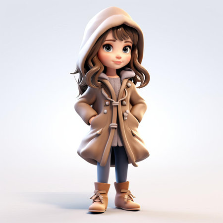 the cartoon girl, dressed in a stylish coat, stands confidently against a crisp white background, showcasing her vibrant 3d design and playful personality, perfect for illustrations, animations, and digital art projects requiring a youthful and energetic female character. ai generatedの素材