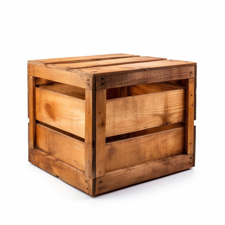 a wooden crate sits alone on a pristine white isolated background, its rustic texture and natural color tones evoking a sense of vintage charm and simplicity, perfect for rustic home decor, storage, or shipping purposes, highlighting the beauty of natural materials. ai generatedの素材