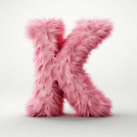 the vibrant pink letter k stands out against a crisp white background, its soft, fuzzy texture adding a playful touch to this whimsical graphic design element, perfect for use in creative projects, such as logos, icons, or decorative typography. ai generatedの素材